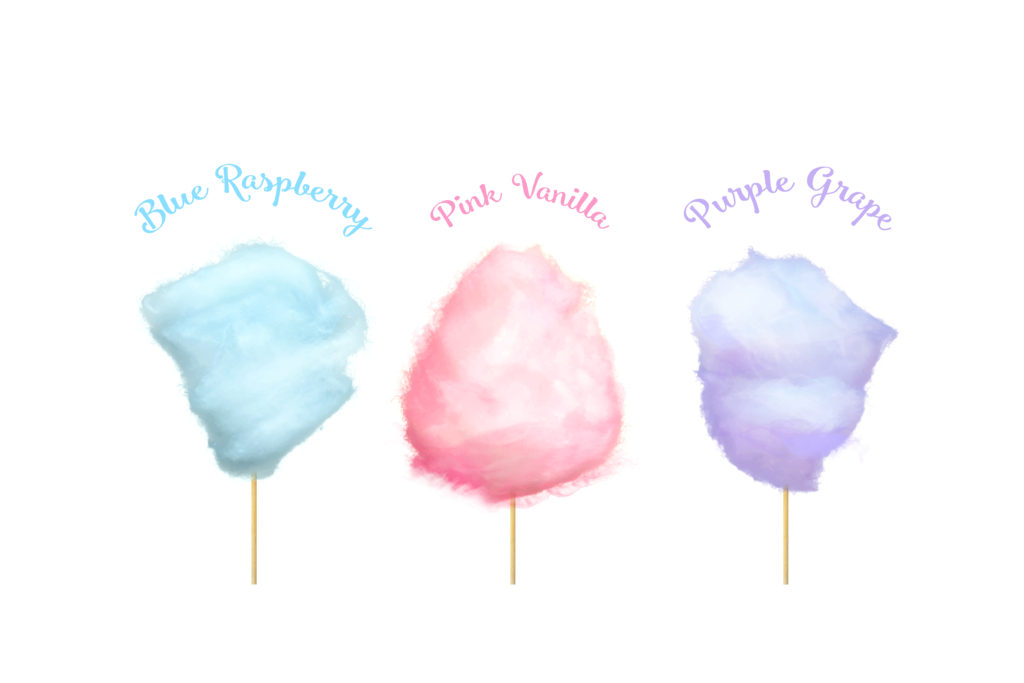 Cotton Candy Flavors include Blue Raspberry, Pink Vanilla, and Purple Grape